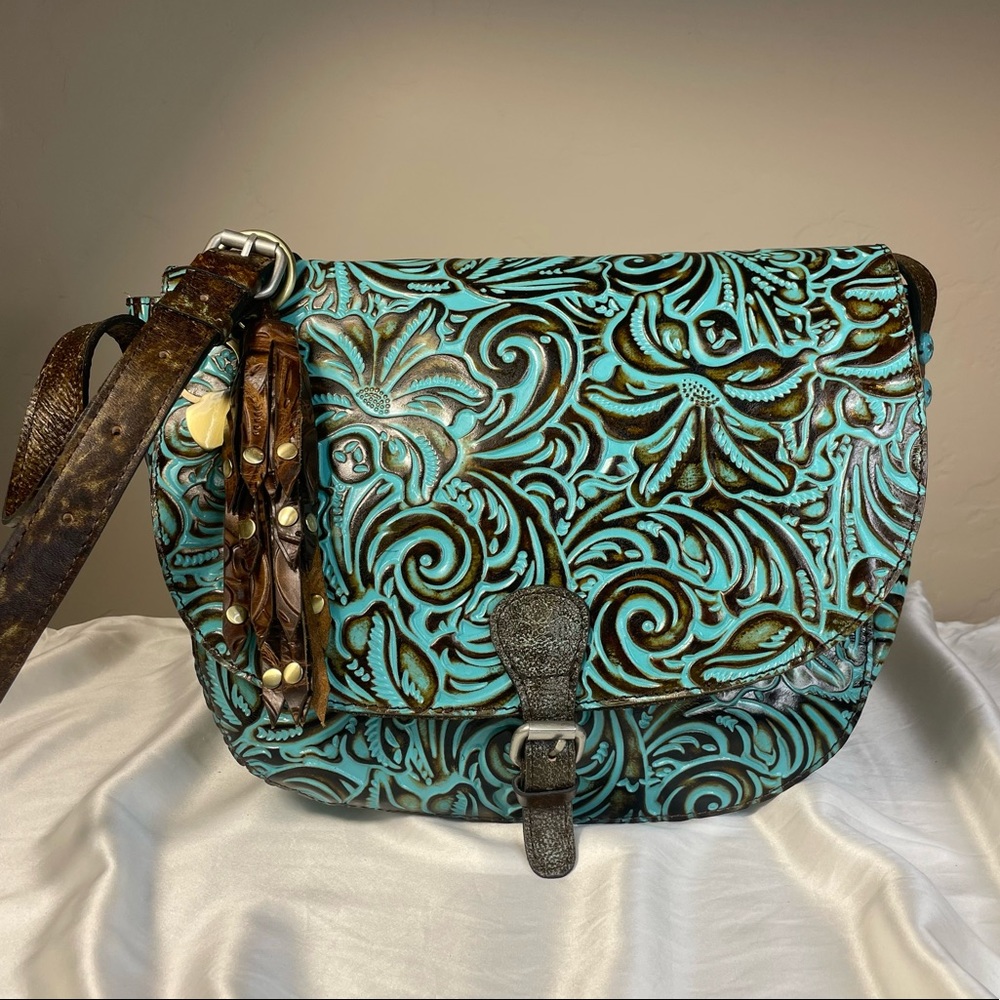 Patricia Nash turquoise & brown tooled leather satchel bag